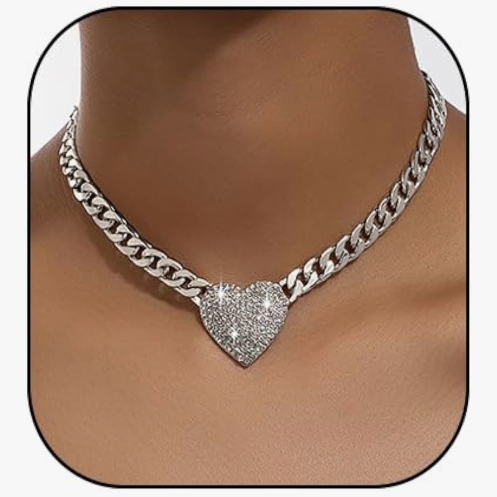 🆕 Rhinestone Heart Necklace for Women Gold Silver Heart Pendant Choker Necklace